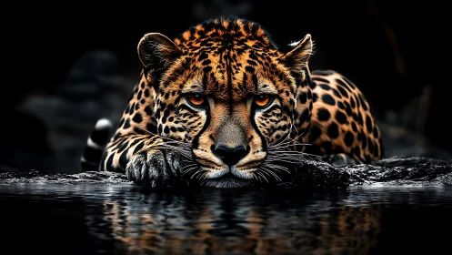 Leopard in Water with Defined Spotted Coat Pattern