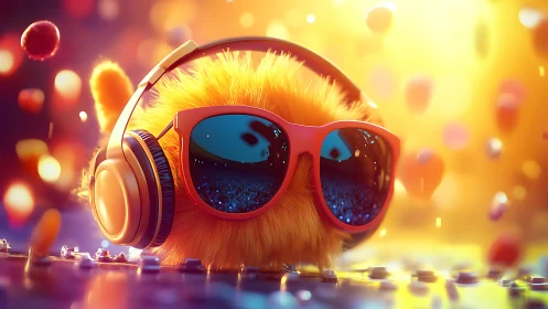 Vibrant furry DJ sphere with neon headphones and reflections.