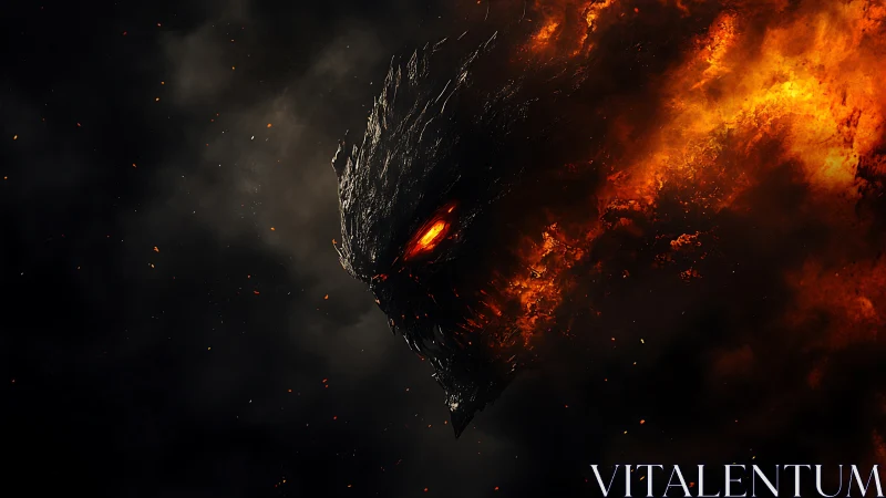 Demonic molten face forms from fire against dark background