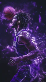 Dynamic purple energy trail around driving basketball player