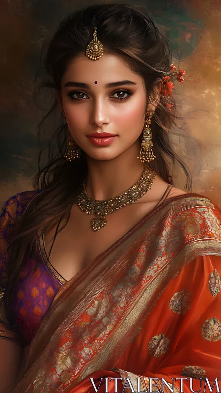 Digital portrait of Indian woman in ornate silk saree.
