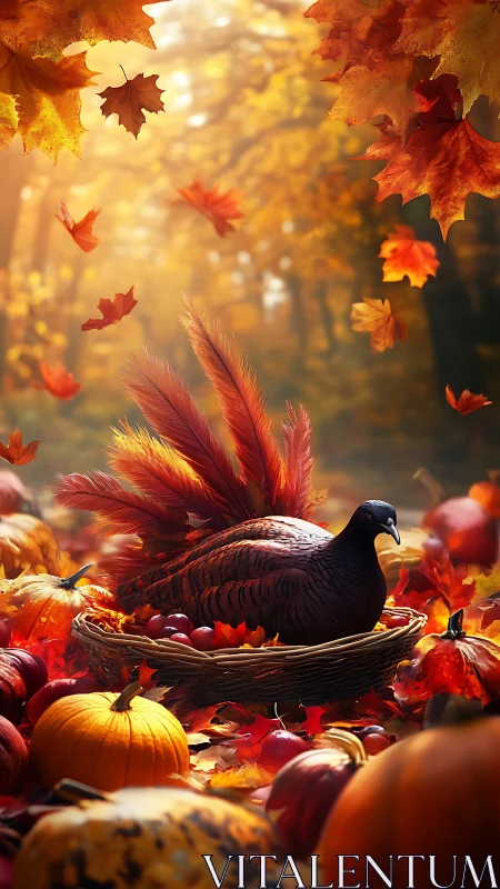 Autumn forest turkey centerpiece amid pumpkins and maple leaves