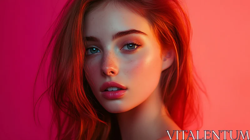 Soft neon portrait in glowing coral and rose light.