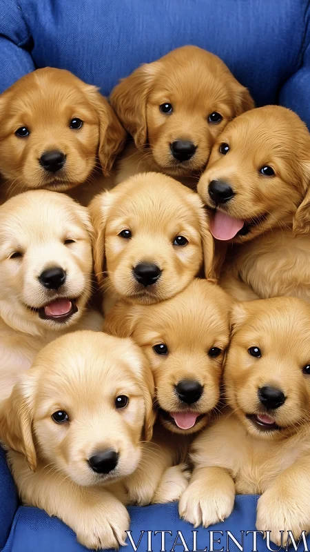 Golden retriever litter portrait on blue cushion, tight crop