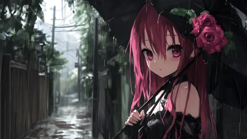 Pink haired anime girl with umbrella in rainy alleyway.