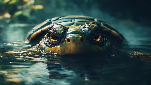 Digital reptilian creature emerges at water surface