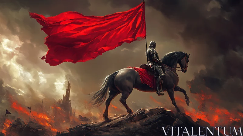 Mounted armored figure holds large red flag over ruined city