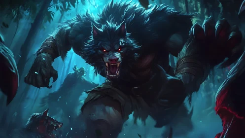 Ferocious werewolf leaps forward under eerie moonlit forest sky