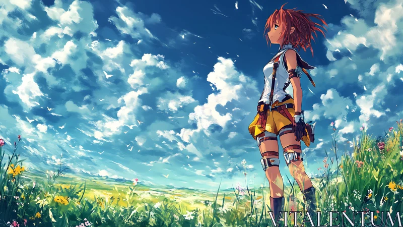 Skyward gaze over windswept meadow in vivid anime color.