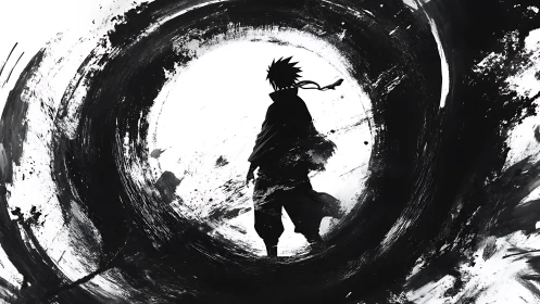 Silhouetted figure within monochrome circular brush vortex.