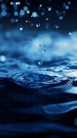 Macro water droplet splash over deep blue rippled surface.