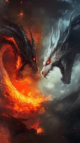 Elemental fire and ice dragons confront in high-contrast vortex