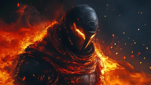 Armored fire warrior with burning cloak in dark flames.