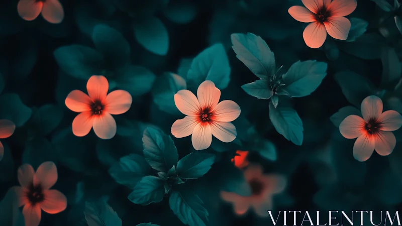 Coral Flowers Against Teal Foliage in Moody Light.