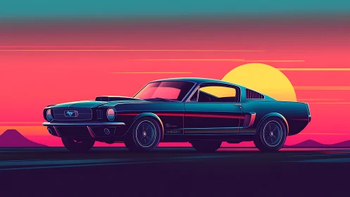 Retro muscle car glows against neon desert sunset horizon.