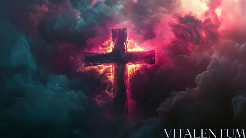 Luminous cosmic cross blazing through storm-swept nebula.