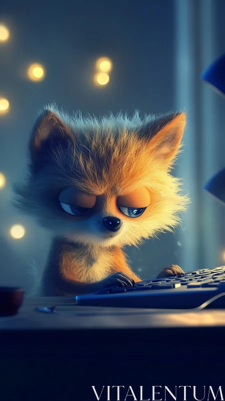 Sleepy cartoon fox types on keyboard under warm lights