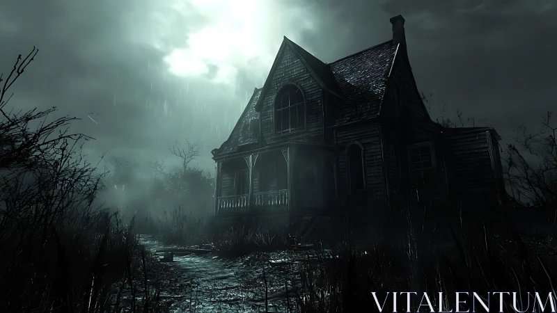 Nocturnal stormlit Victorian house in decayed marshland gloom.