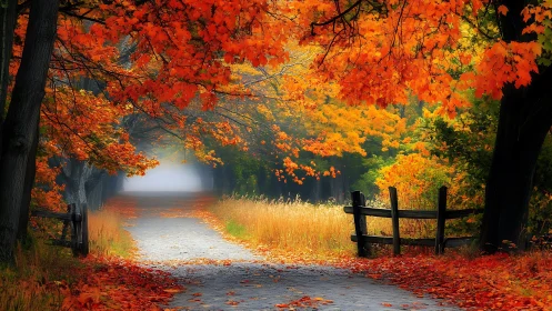 Fog-kissed autumn lane under a blazing maple canopy.