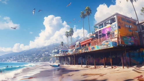 Colorful stilted beach houses overlook vivid tropical shoreline