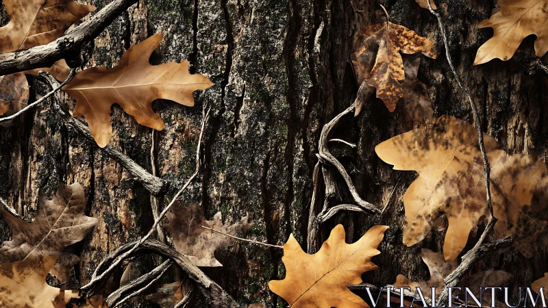 Autumn oak leaves rest on rugged bark in warm earthy tones