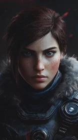 Photorealistic sci-fi portrait of armored female operative.