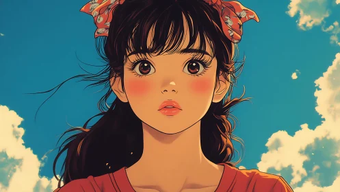 Sunlit anime girl with red ribbon beneath vivid blue sky.