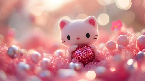 Kawaii cat figurine cradles sequined sphere in pink bokeh