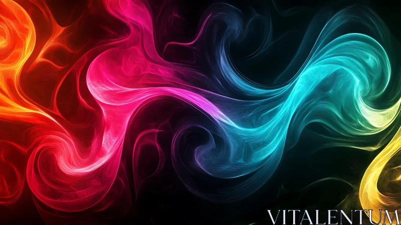 Multicolored luminous swirls curve across dark background.