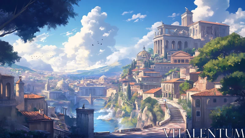 Sunlit classical riverside city with terraced temples.