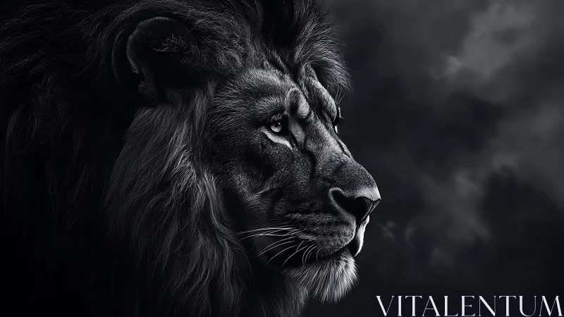 Midnight monarch lion in storm-shadowed grayscale profile.