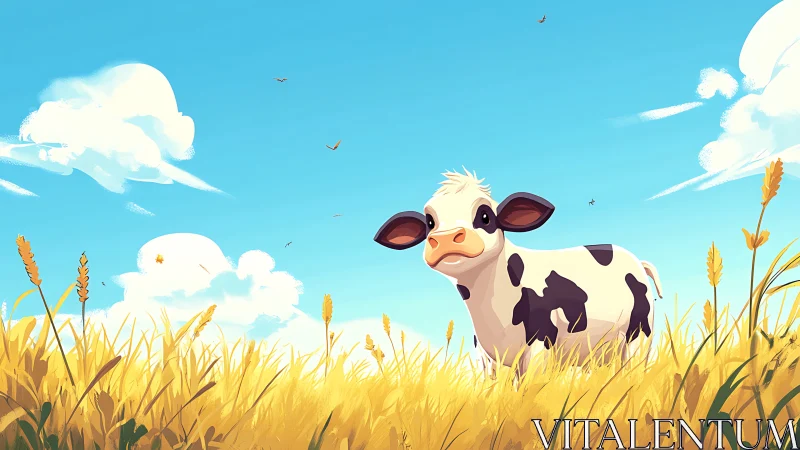 Young Holstein calf in stylized wheat field under vivid sky
