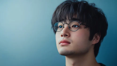 Young person with round glasses against blue background.
