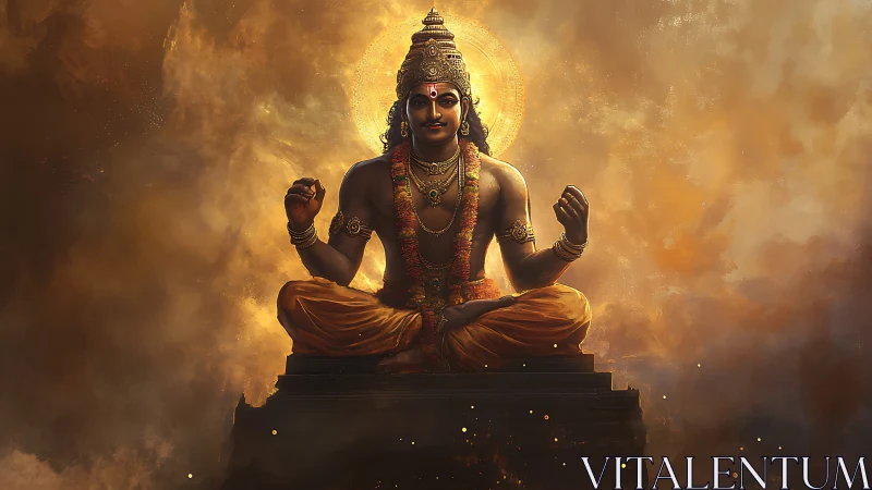 Divine meditating deity sits within radiant golden aura