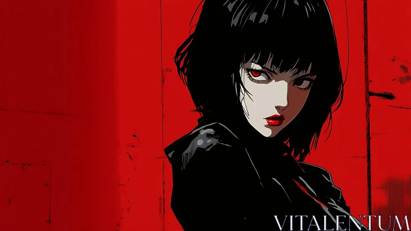 Stylized female figure stands before flat red background