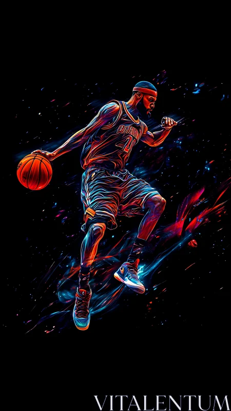 Neon digital artwork of dynamic basketball player in motion.