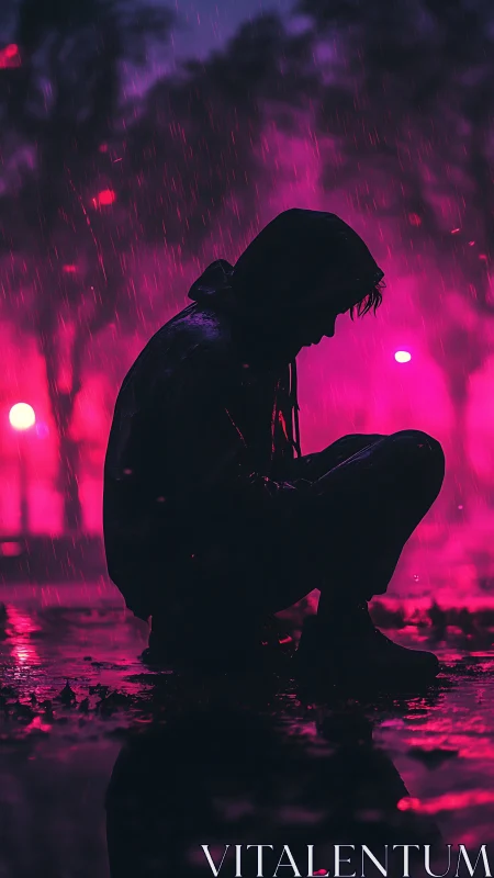 Neon rain carves a quiet silhouette into the electric night