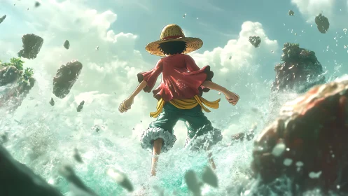 Backlit straw-hat adventurer running through dynamic sea spray