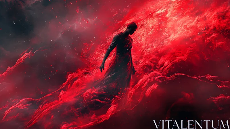 Digital painting of lone figure in crimson ethereal vortex.