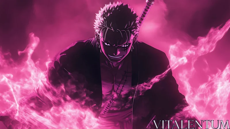 Sword-wielding warrior ignites in neon pink inferno aura.