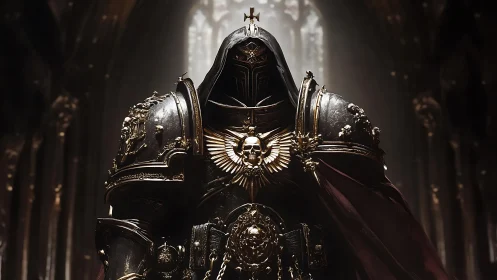 Armored gothic paladin stands solemn beneath cathedral light