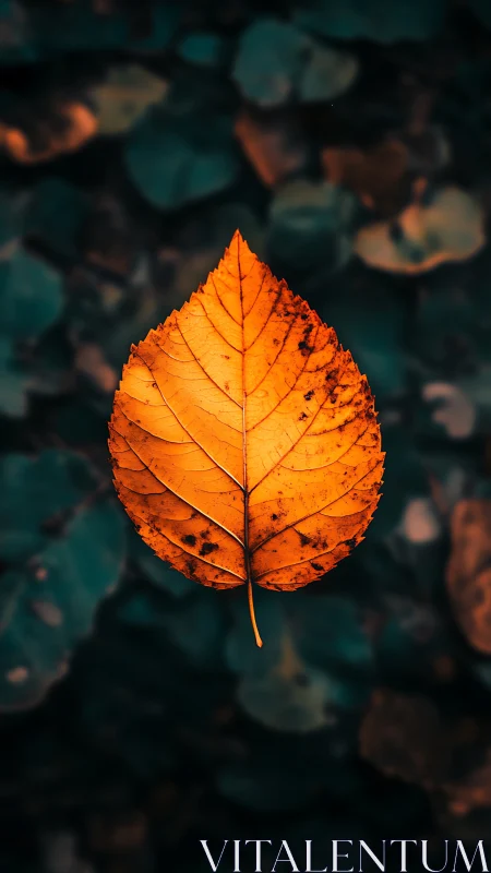 Solitary amber leaf suspended over deep teal forest floor.