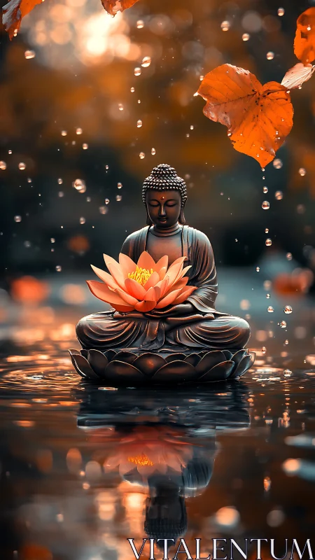 Calm Buddha and glowing lotus cradled in autumn rain.