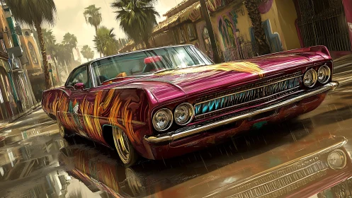 Lowrider coupe with metallic graffiti paint on wet urban street