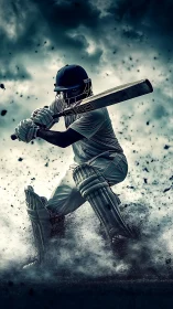 Cricket batsman drives through stormy atmospheric dust field.