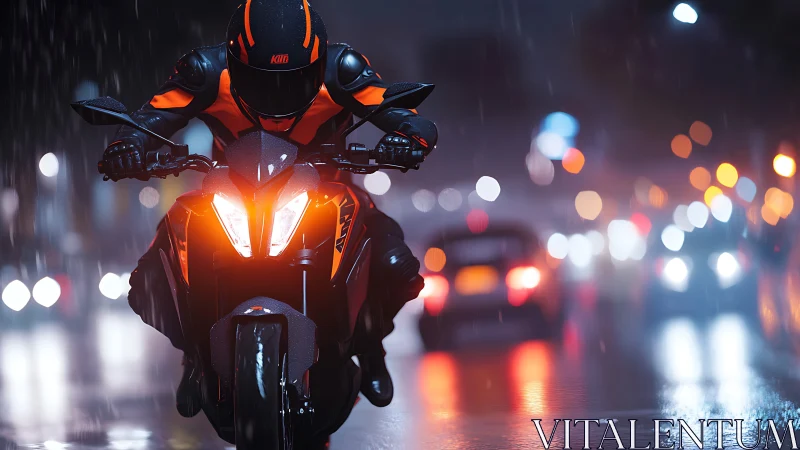 Night rider on neon-lit street in cinematic heavy rain.