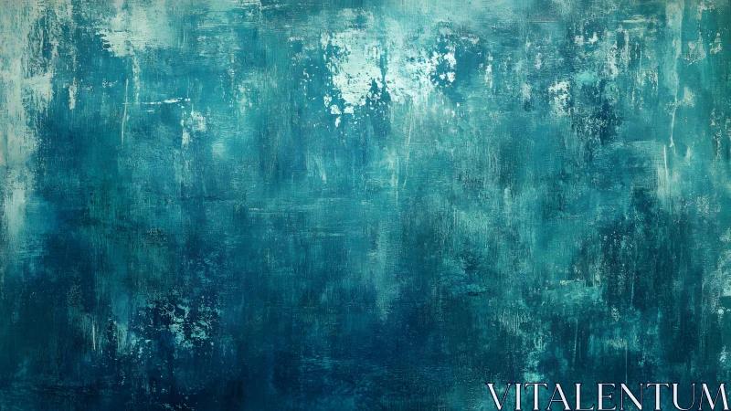 Abstract teal and blue textured painting with brushstroke patterns.