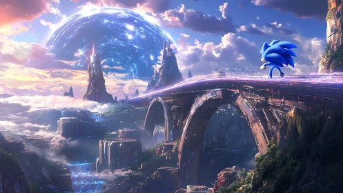 Blue hedgehog races across a luminous bridge in cosmic world