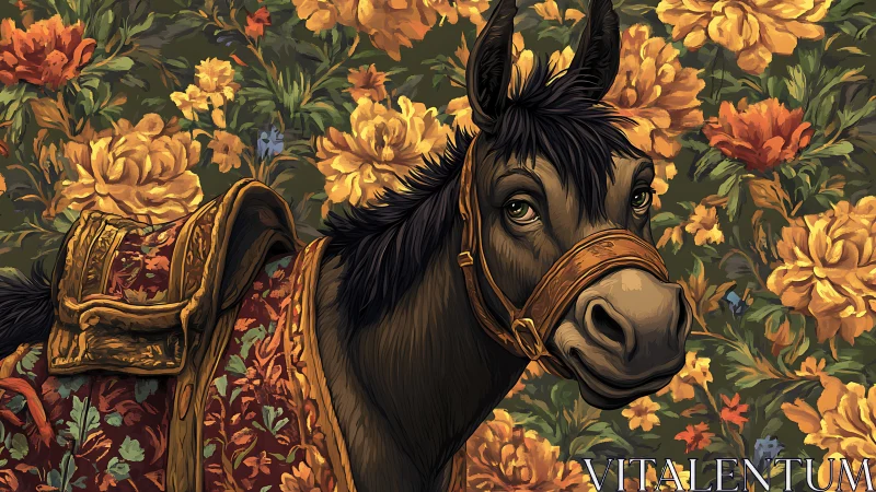 Equine portrait with ornate saddle against dense floral tapestry