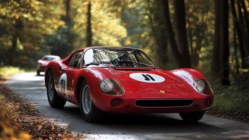 Scarlet forest sprint: vintage racer prowls autumn road.
